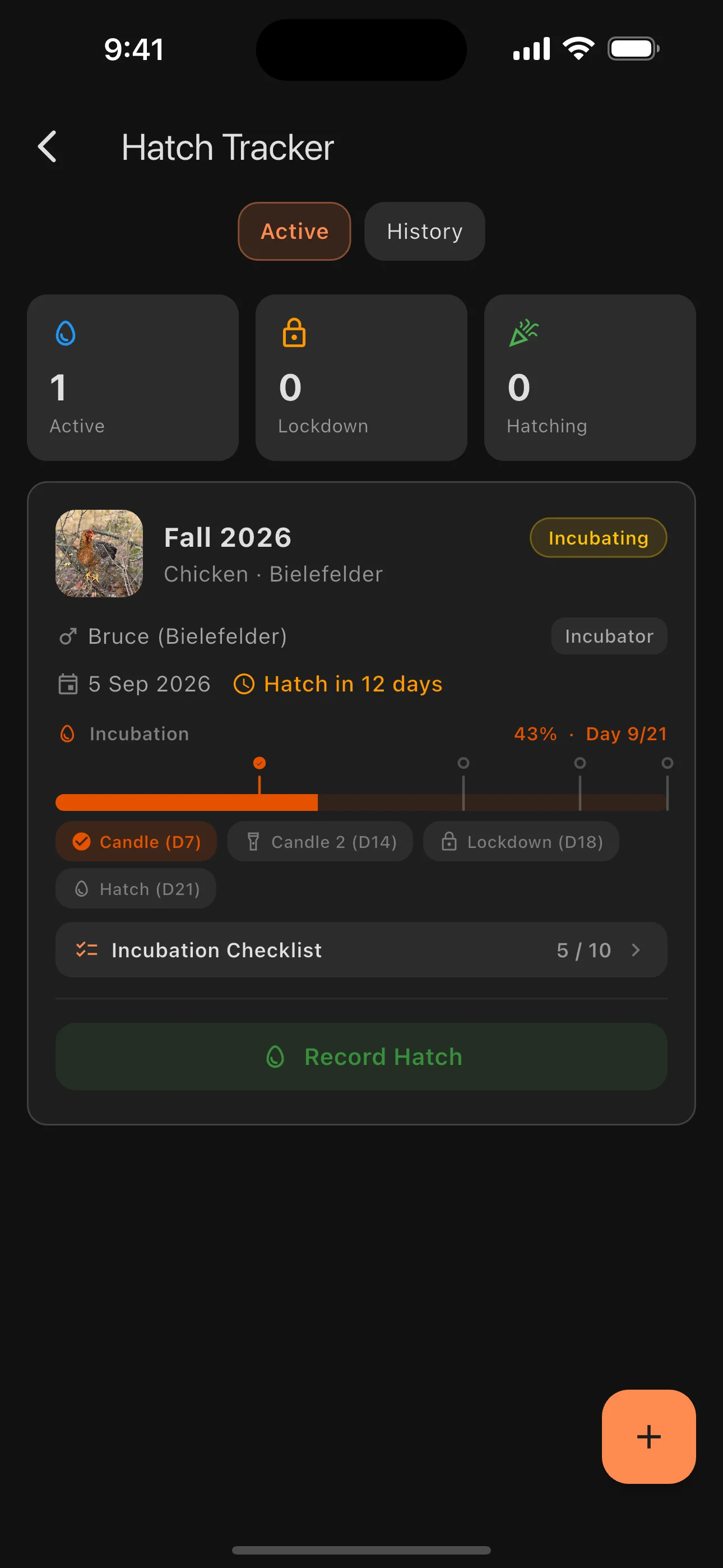 Feathrs incubation and hatching tracker screen